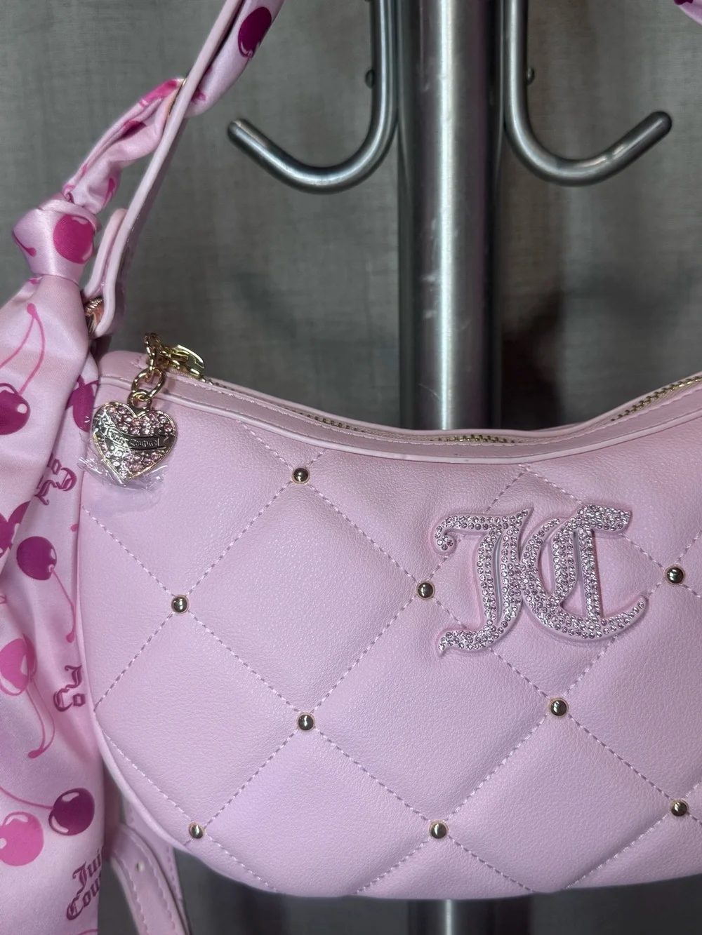 Juicy Couture Pink Quilted Shoulder Bag with Cherry-Print Scarf - Picture 2 of 3